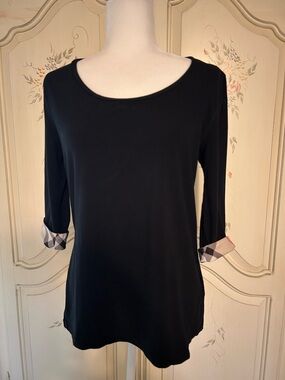 Burberry Black Scoop Neck Long Sleeve Top with Signature Plaid Cuffs